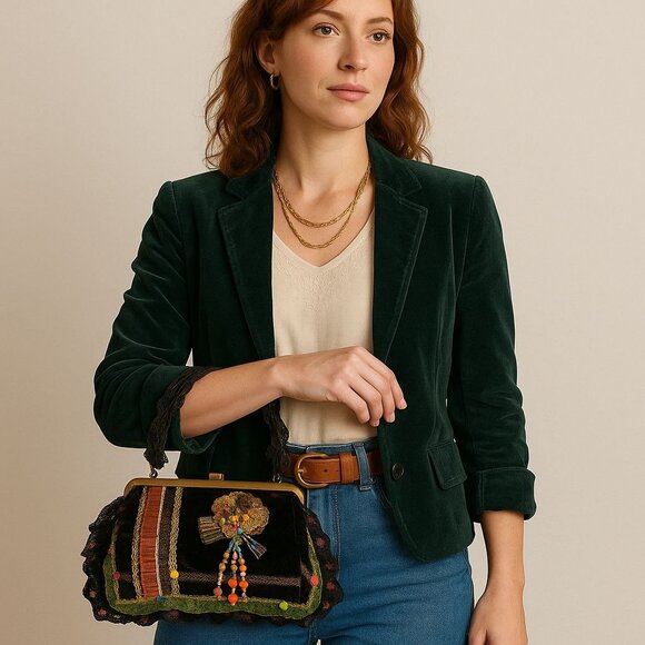 Ziba Velvet Beaded Purse Vintage Cottagecore Floral Lace Boho Romantic Handbag - Picture 12 of 16